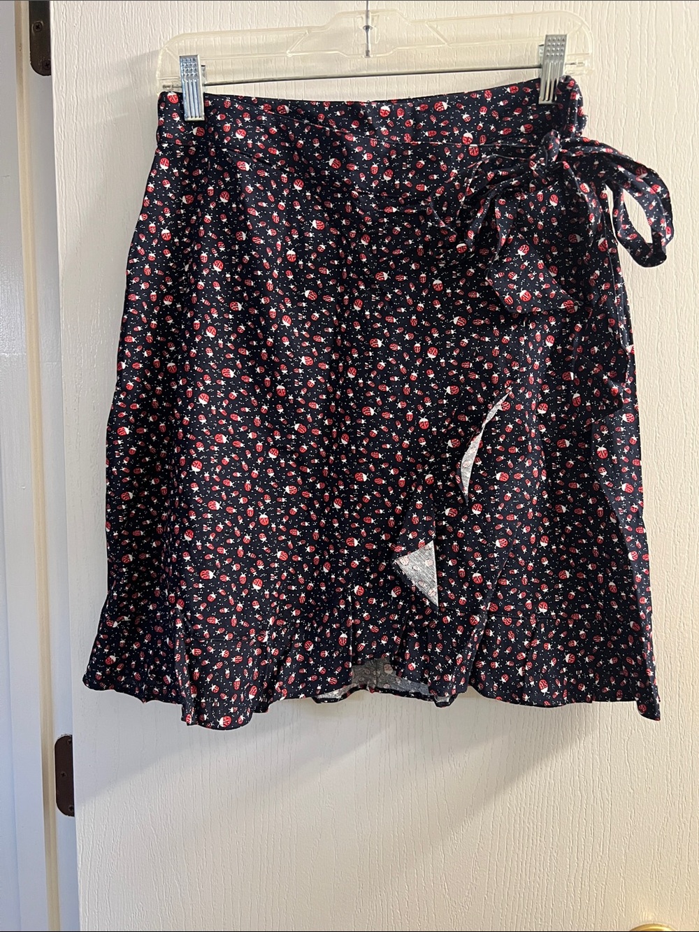 LOFT Navy Circle Skater Skirt with Red Floral Print